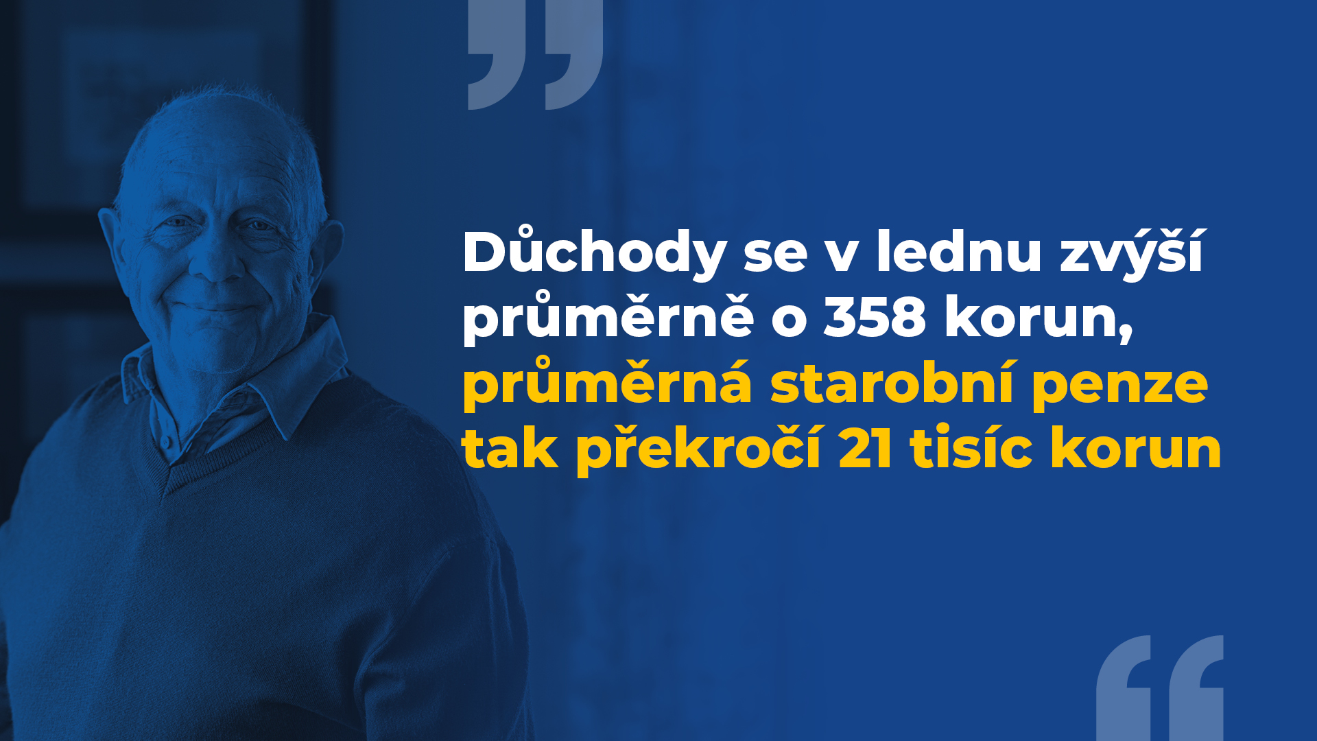 Důchody se v lednu zvýší průměrně o 358 korun, průměrná starobní penze tak překročí 21 tisíc korun